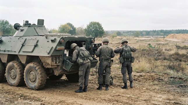 High-angle stock photo of military soldiers in camouflage uniforms and helmets assembled on a muddy field during tactical training exercises.