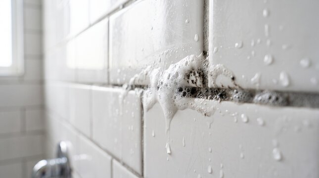 Cleaning foam dissolving black mold on bathroom tile grout with water droplets