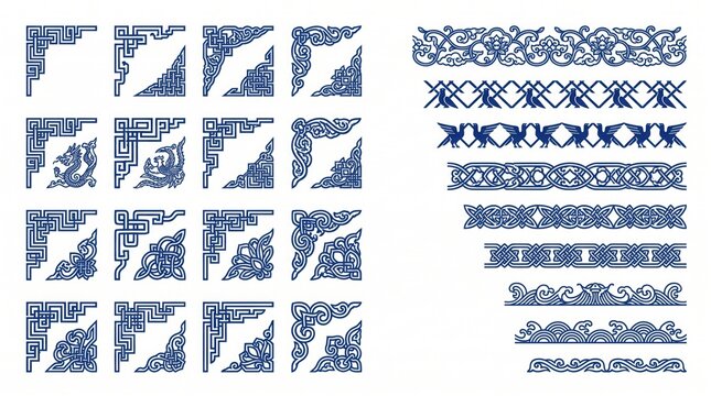 Set of traditional chinese decorative corner frames and border patterns, vector illustration