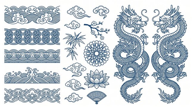 chinese dragon ornament icon set, asian traditional pattern decoration cloud wave floral border mythology symbols collection on transparent background