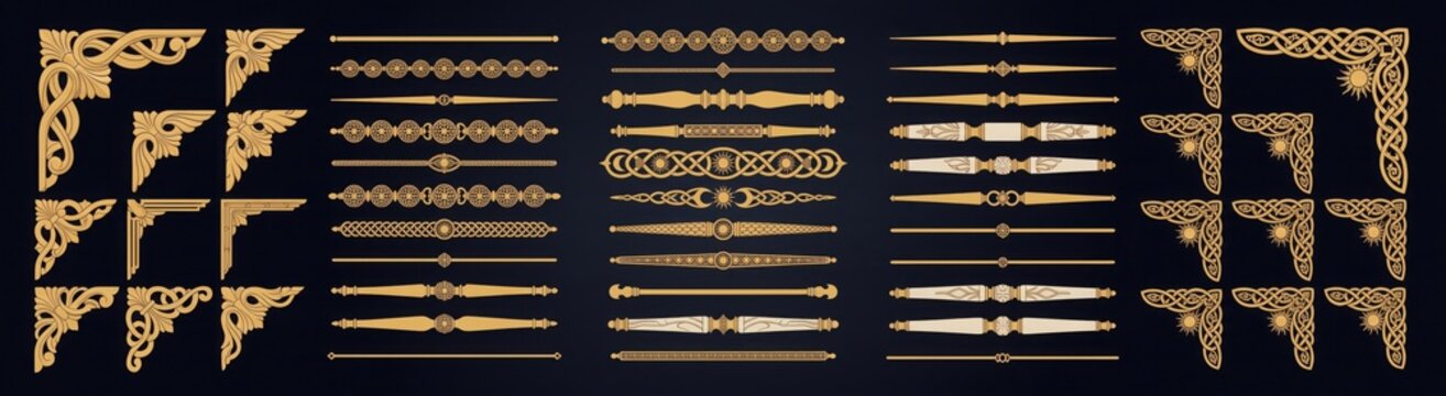 Golden thin separator, divider and corner set on black background. Elegant gold linear corner frame and borders luxury collection in art deco style. Vector illustration
