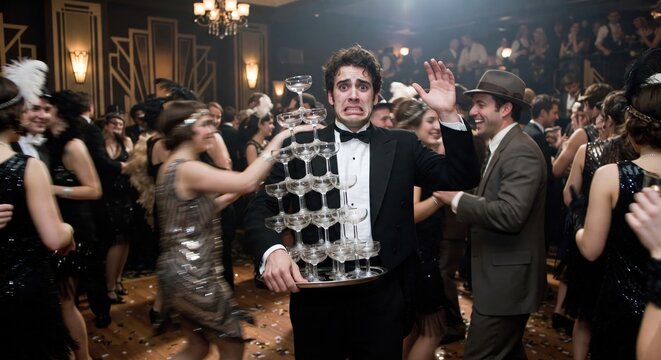 Candid medium shot of a man and a woman at an Art Deco party in 1920s costume sharing a humorous, angry, and competitive moment over a caviar appetizer.