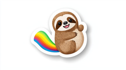 Obraz premium Cute sloth sticker design featuring smiling sloth with colorful rainbow tail, perfect for adding cheerful touch to any item