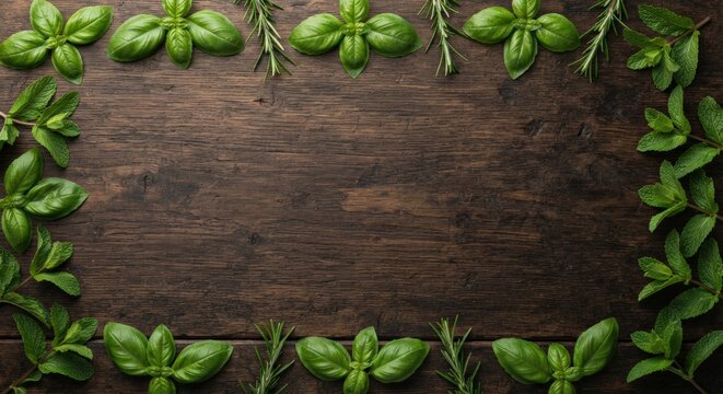Fresh basil rosemary and mint herbs frame on dark wooden table with copy space