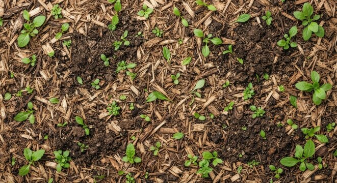 Green sprouts emerging from soil with wood mulch top view