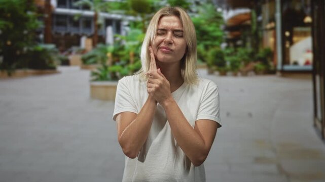 Young woman pressing cheek with fingers for toothache in building with eyes closed and pursed lips, wearing white tshirt; discomfort.
