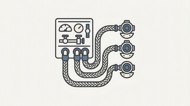Diving helmets connected to control panel with hoses