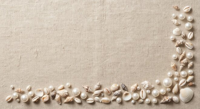 Seashells and white pearls frame on beige linen texture with copy space