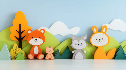Fototapeta premium Cute animal figurines in colorful landscape with trees and hills create playful atmosphere. cheerful design features bear, cat, wolf, and rabbit