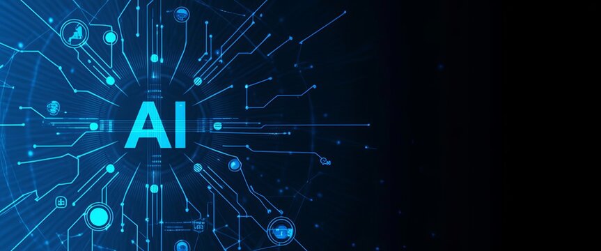 Glowing blue ai circuit board with connected nodes on dark background, artificial intelligence technology
