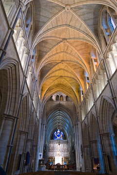 Gothic Cathedral Interior Nave and Altar - A majestic view down the long nave of a historic Gothic cathedral, showcasing intricate vaulted ceilings, towering arches, and an ornate alt