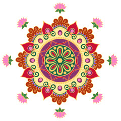 Fototapeta premium Rangoli design with floral symmetry and vibrant shapes suitable for backgrounds, decor, textiles, card designs, and festive celebrations.
