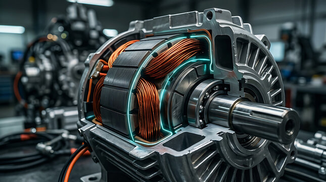 Cutaway view of an electric motor showing copper windings and internal parts
