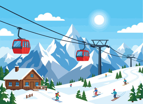 Winter ski resort landscape with cable cars and people skiing in