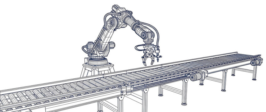 Industrial automation robotic arm and conveyor system, depicting modern manufacturing efficiency, Isolated on Tranceparent background png