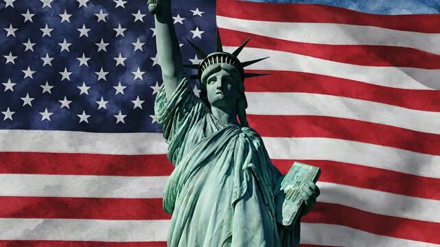 Statue of liberty with waving american flag background, patriotic usa independence, day animation united states