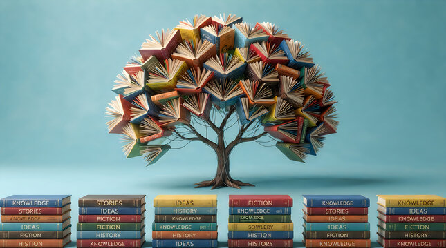 A beautiful tree made of many colorful books with stacks of literature on a light green background