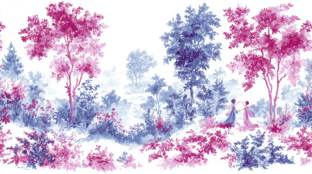 Serene landscape featuring two figures elegant attire amidst lush foliage and vibrant pink and blue trees, evoking sense of tranquility and beauty