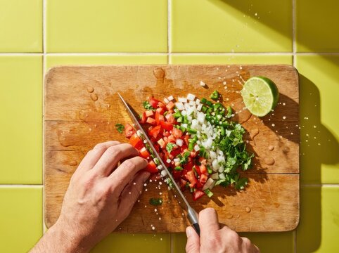 Fresh Salsa Prep with Chopped Vegetables and Lime on Cutting Board