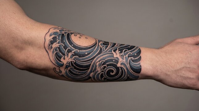 Japanese traditional wave tattoo on a male forearm close up