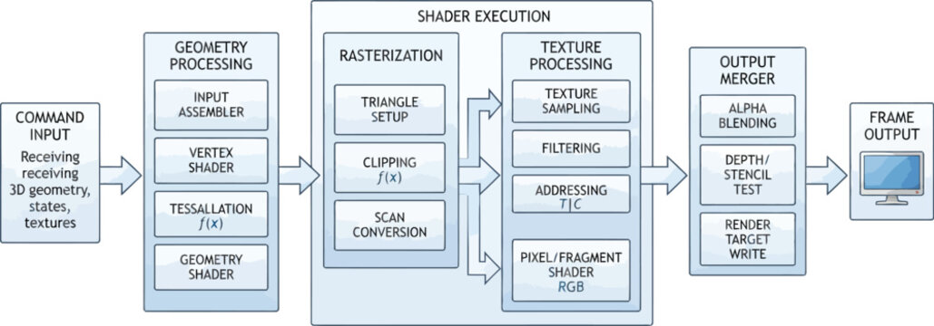 A detailed technical flow chart illustrating the modern graphics rendering pipeline process