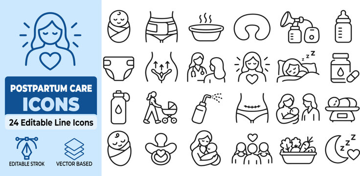 Postpartum Care Line Icons Set Vector Illustration Featuring Maternal Health Baby Feeding and Postpartum Recovery Symbols