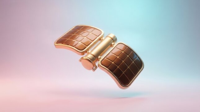 3D render of a stylized golden satellite with brown solar panels isolated on a soft gradient background for tech concepts