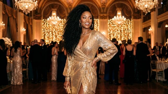 Elegant Black woman in a sparkling gold dress at a luxurious formal event, smiling and enjoying the party atmosphere.