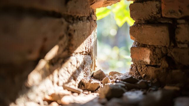 Glimpse through weathered brick wall reveals sunlight filtering through, illuminating scattered debris and nature beyond