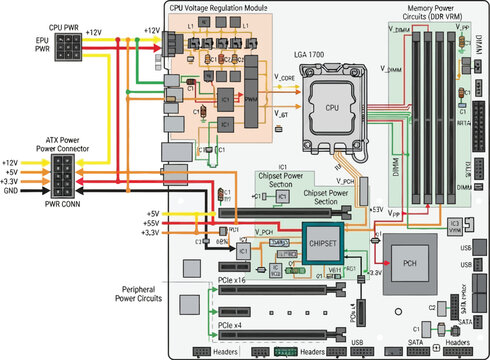 Technical schematic diagram showing motherboard power distribution pathways for modern computer components