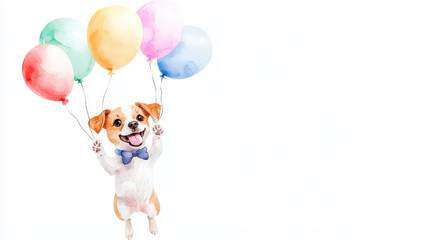 Obraz premium Cheerful dog holds colorful balloons, expressing joy and playfulness whimsical illustration. This delightful scene captures sense of celebration