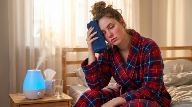 Sick young woman with fever and headache sitting in bed with a cold compress on her forehead and a humidifier running
