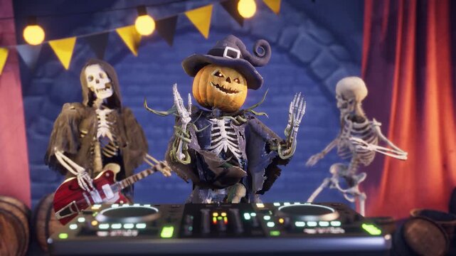 Funny scarecrow DJ with pumpkin head and skeleton body and spooky skeletons dancing at Halloween party, 3D animation