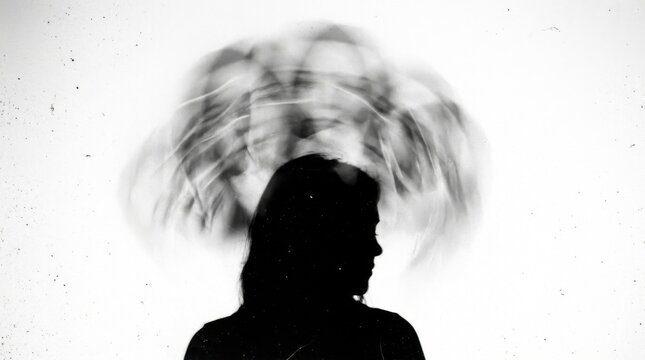 Silhouette of a person with blurred, multiple faces above their head, depicting mental health struggles, confusion, or identity crisis