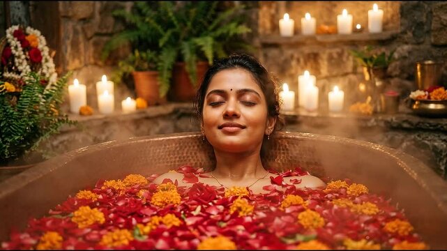 Serene woman with eyes closed, relaxing in a luxurious flower bath surrounded by flickering candles and lush green plants, concept of self-care and relaxation