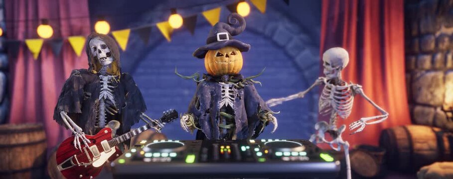Funny scarecrow DJ with pumpkin head and skeleton body and spooky skeletons dancing at Halloween party, 3D animation