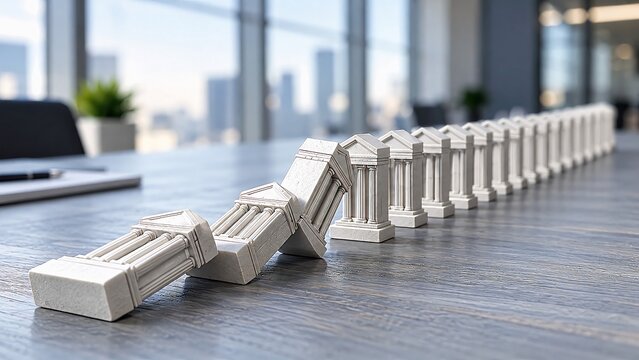 Row of small white bank building models falling over like dominoes on a wooden table in an office room