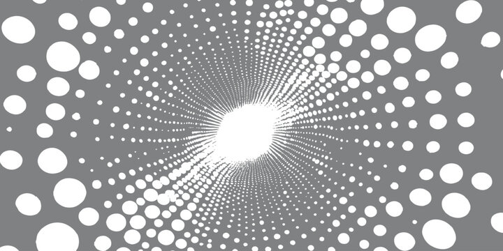Abstract gray halftone dot spiral vortex with white circles for modern dynamic background vector illustration.