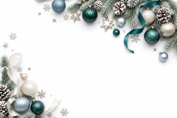 Fototapeta premium Elegant teal silver Christmas ornaments framing white background