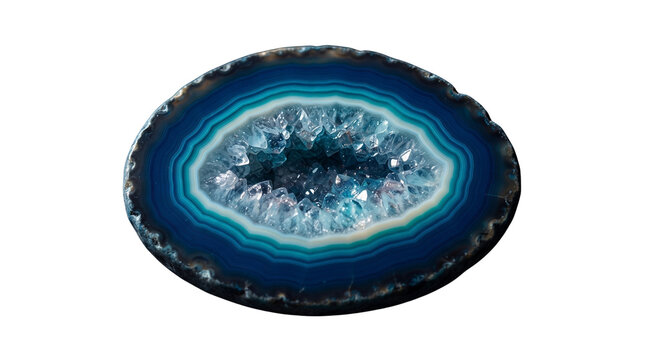 Polished blue agate geode slice, natural gemstone crystal coaster, vibrant turquoise chalcedony stone specimen isolated PNG with Transparent Background