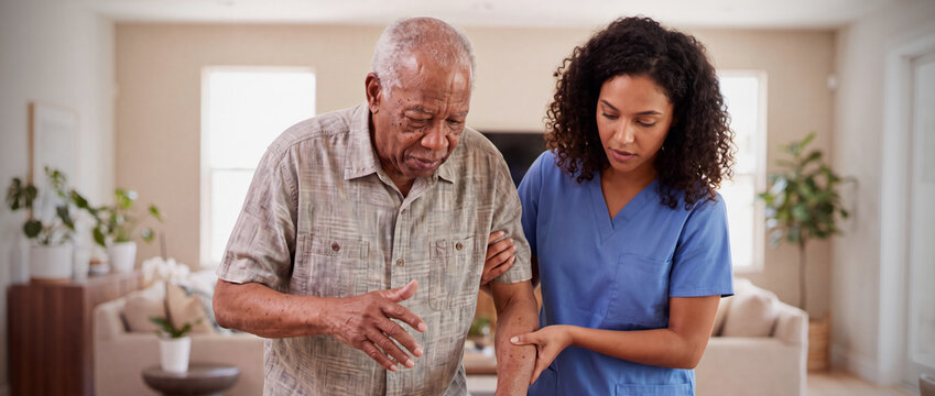 Compassionate home caregiver female nurse helping elderly man to walk with physical assistance, senior care, mobility rehabilitation