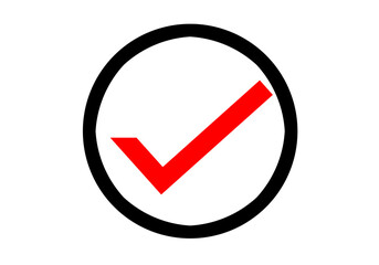 Simple check mark circle icon featuring a bold red tick inside a black circular outline, representing approval, verification, confirmation, success, selection, and completed status. Clean minimal. © Jivikasourceoflife