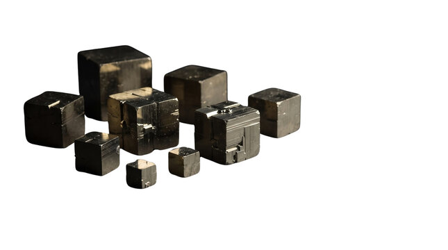 Natural pyrite mineral crystal cubes, raw cubic fool's gold mineral specimens, shiny metallic iron sulfide geology collection isolated PNG with Transparent Background