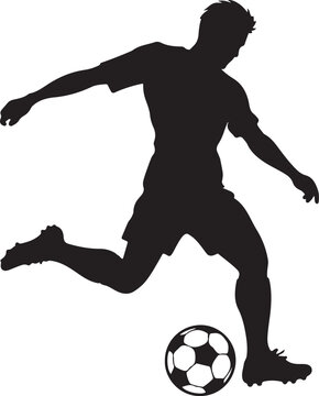 soccer or football male player silhouette. people running and kicking the ball. black shadow plane vector illustration isolated on white background with football art training exercise