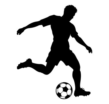 soccer or football male player silhouette. people running and kicking the ball. black shadow plane vector illustration isolated on white background with football art training exercise