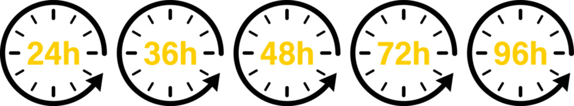 Countdown Timer Clock Icon Vector Collection with 24 36 48 72 and 96 Hour Duration Symbols