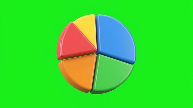 Colorful three dimensional pie chart rotating on green screen background