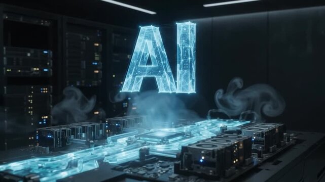 Glowing AI logo hologram with futuristic circuit board and smoke digital intelligence concept