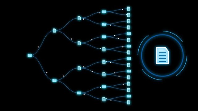 Abstract digital illustration depicting a complex branching network of interconnected document icons with glowing blue lines representing data flow and a central file symbol