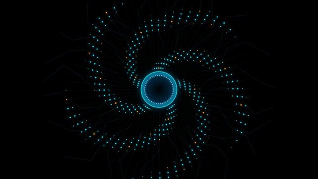 Abstract digital data visualization with glowing blue and orange dots forming a circular pattern and radial lines on a dark background representing technology and connectivity
